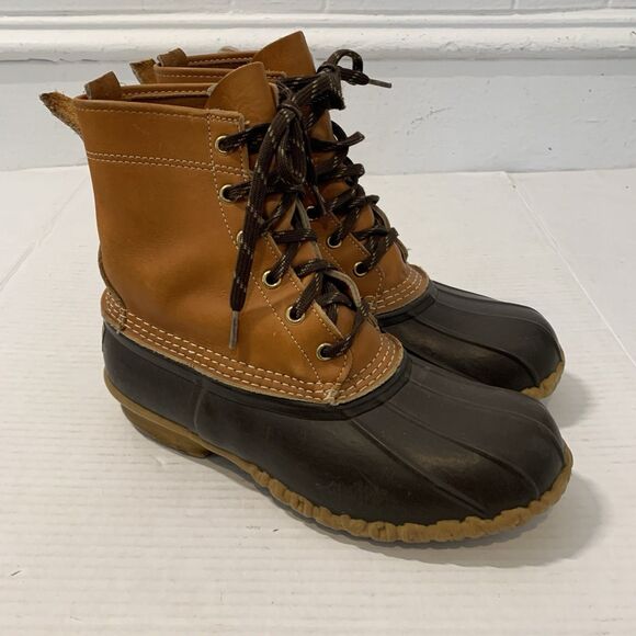 Bean Boots By LL Bean Mens 7 Womens 9 Rubber Duck Brown Gum Leather 6 Eye - Picture 1 of 9